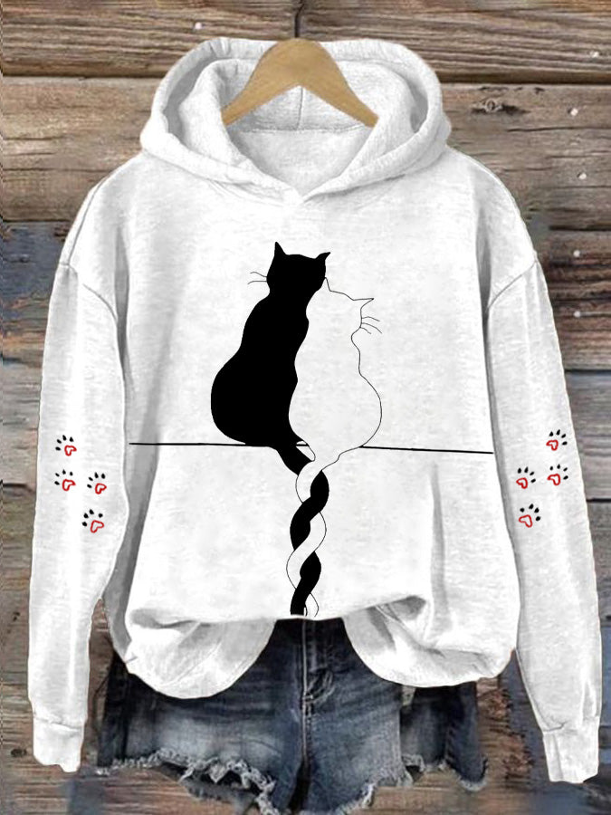 Women's Cat Print Long Sleeve Hoodie Sweatshirt