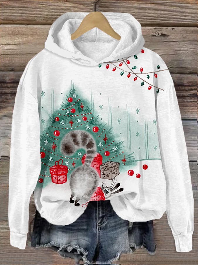 Women's Christmas Cute Cat Printed Hooded Sweatshirt