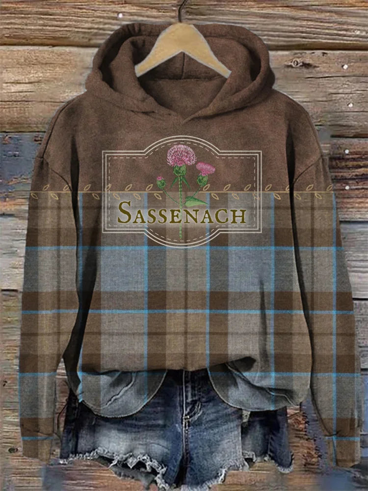 Women's Vintage Plaid & Flower Print Hooded Sweatshirt