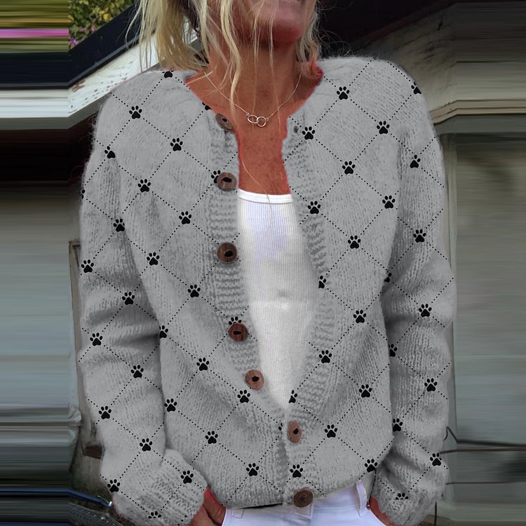 Dog Paw Print Casual Knitted Cardigan