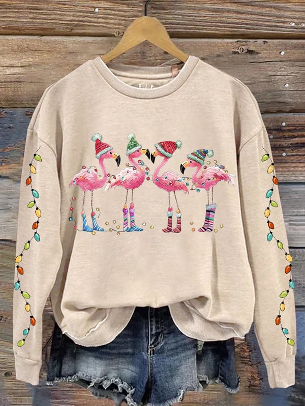 Women's Christmas Flamingo Print Crewneck Sweatshirt