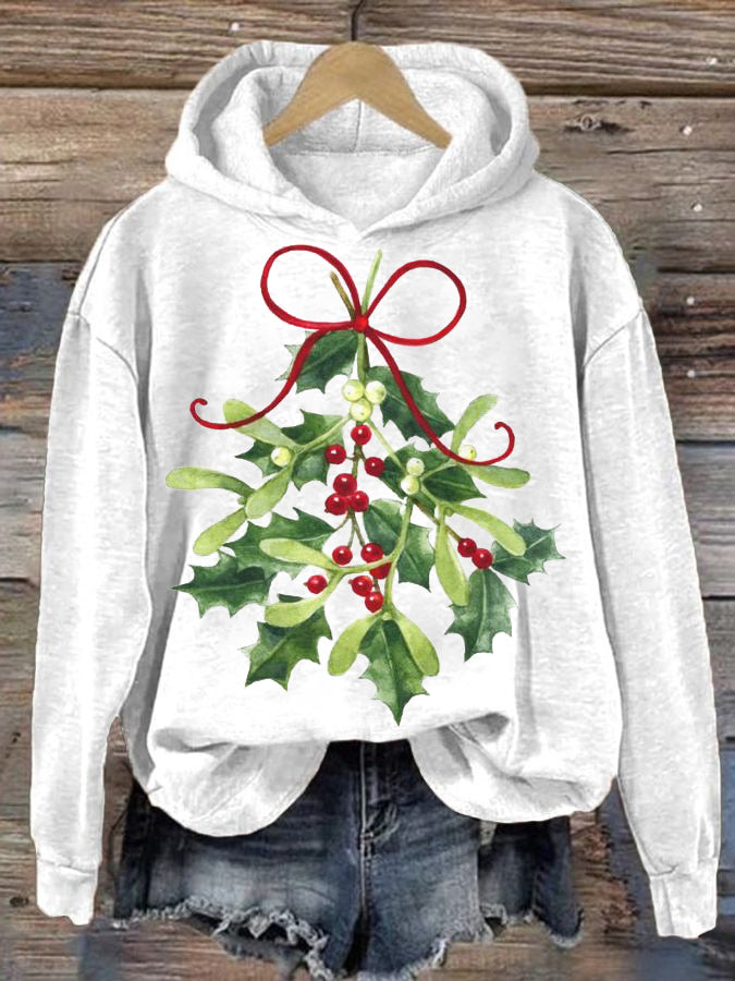 Women's Christmas Holly Print Hooded Sweatshirt