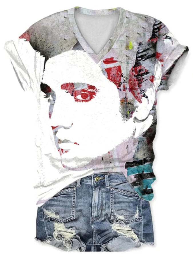 Women's V-Neck Retro King Of Rock Roll Painting Print T-Shirt