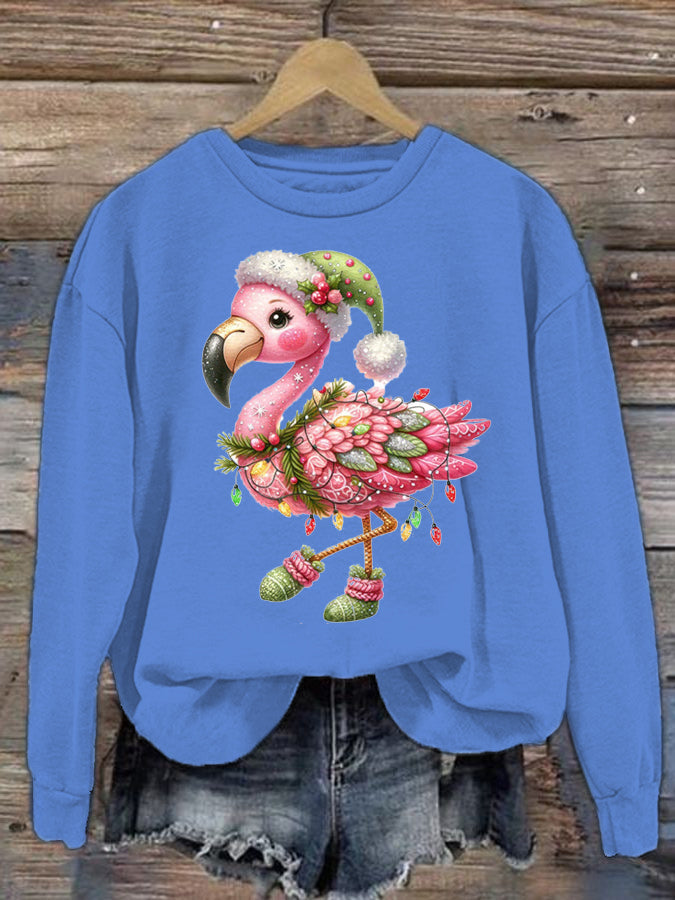 Women's Christmas Flamingo Printed Crew Neck Sweatshirt