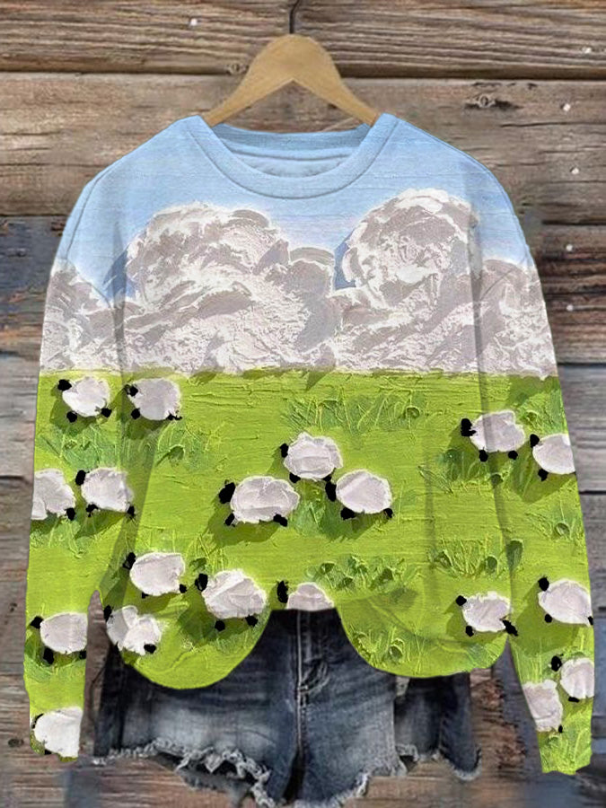 Langärmliges Sweatshirt mit Farm-Schaf-Aufdruck für Damen