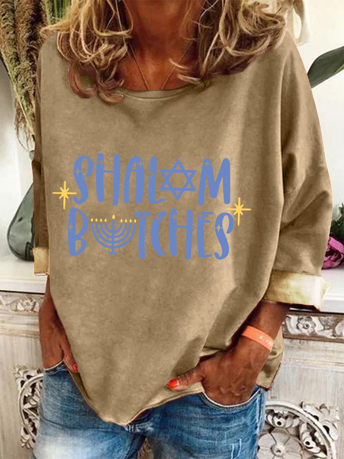 Women's Hanukkah Shalom Bitches Print Casual Long-Sleeve Top