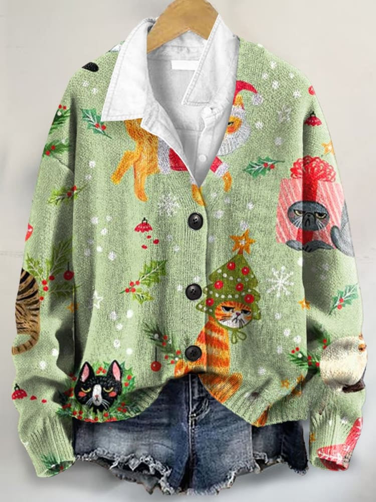 Christmas Cute Cat Art Print Buttoned V-neck Cardigan Sweater