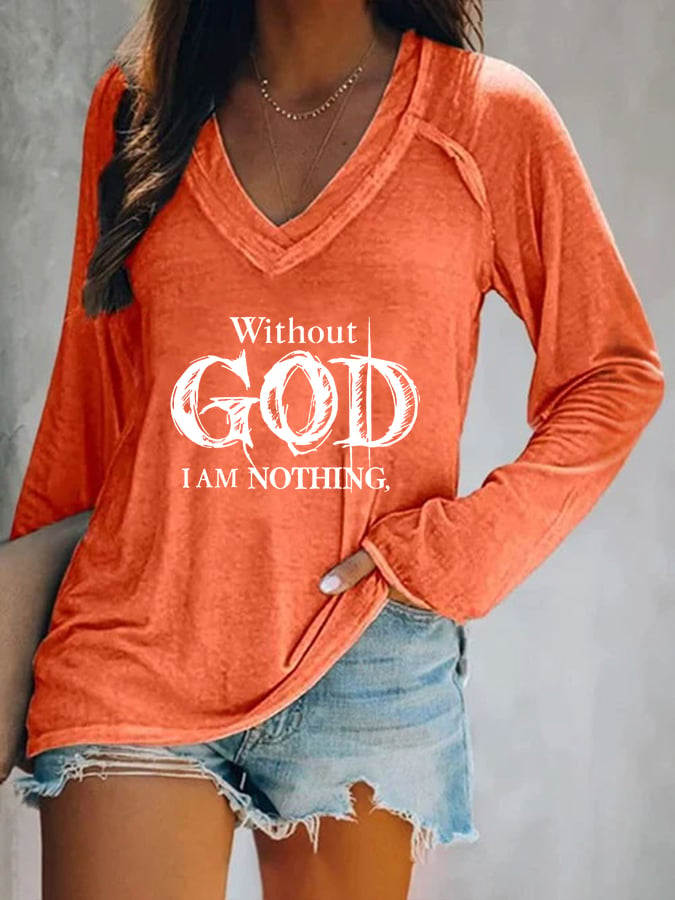 Damen Vintage Faith „Ohne Gott bin ich nichts“, bedrucktes Freizeit-T-Shirt mit V-Ausschnitt