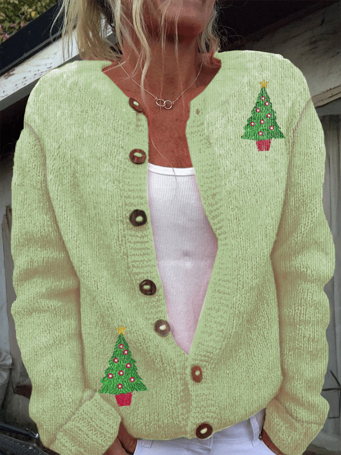 Women's Christmas Tree Print Knitted Cardigan