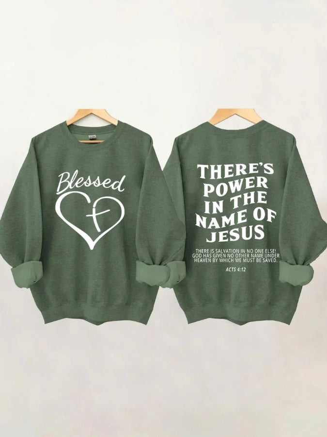 Women's Blesses Heart There‘s Power In The Name Of Jesus Printed Casual Sweatshirt