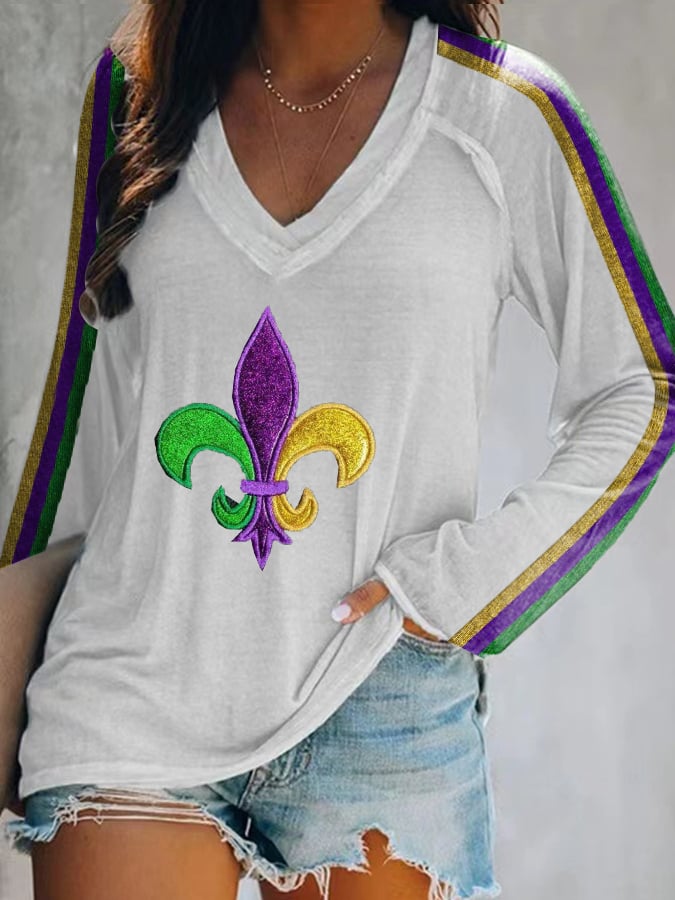 Women's Mardi Gras Print V-Neck T-Shirt