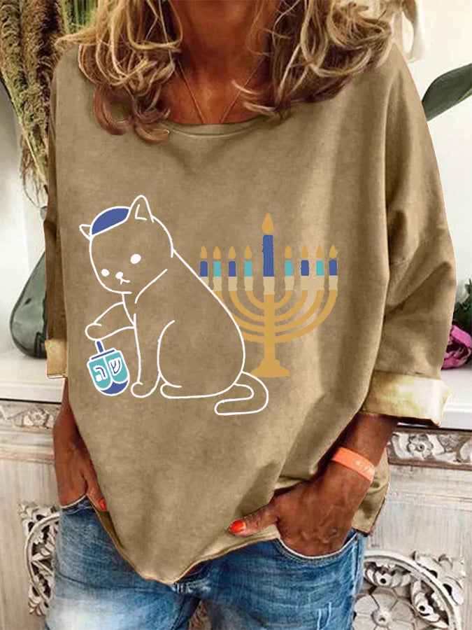 Women's Hanukkah Menorah And Cat Casual Long-Sleeve Top