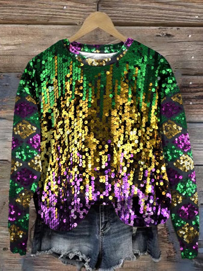 Women'S Mardi Gras Print Round Neck Sweatshirt