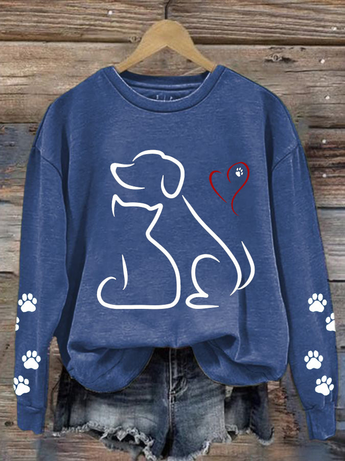 Dog and Cat Line Art Friendship Print Comfy Sweatshirt