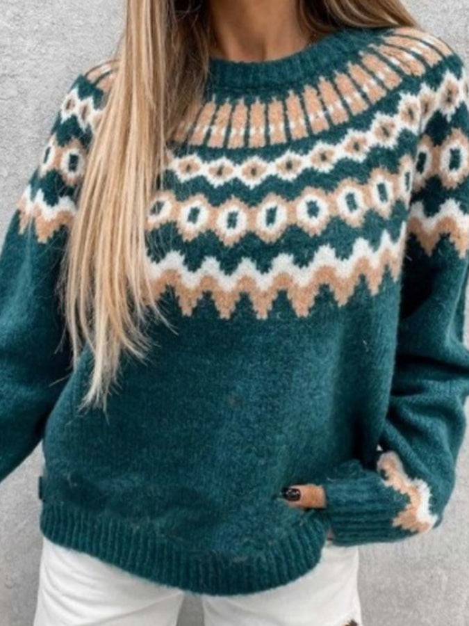 Women's Retro Jacquard Knitted Green Sweater