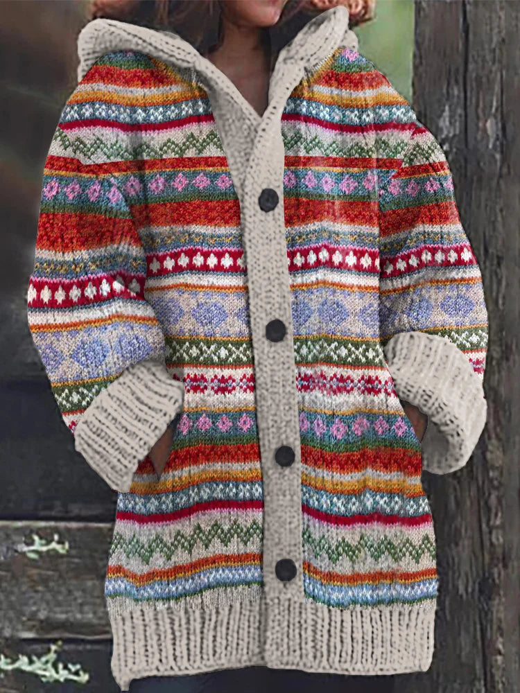 Fairman Island Contrast Print Hooded Sweater Cardigan