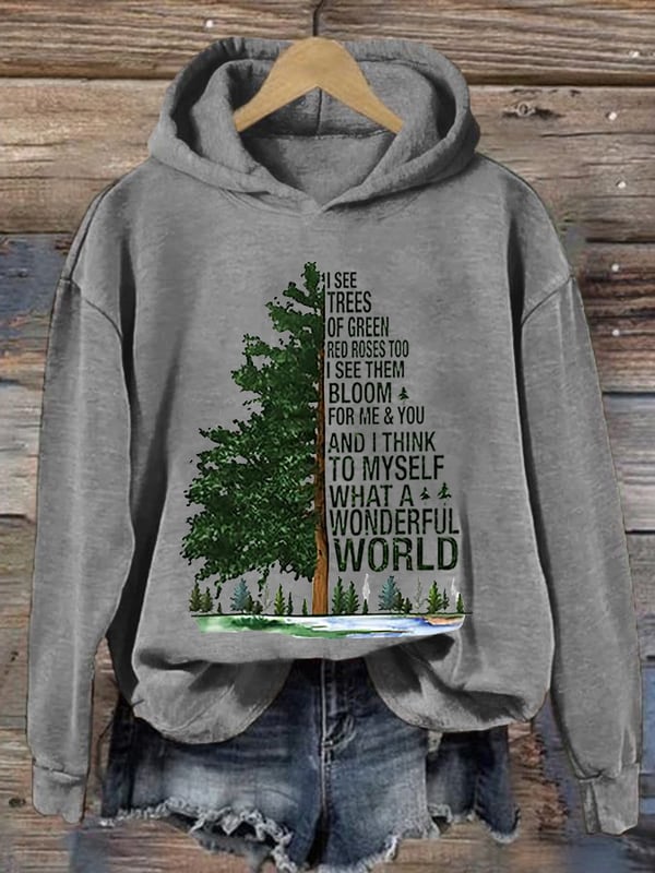 Retro Hippie Christmas I See Trees Of Green, Red Roses Too I See Them Bloom For Me And You And I Think To Myself What A Wonderful World Print Hoodie