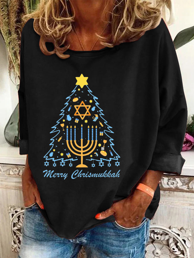 Women's Hanukkah Shalom Bitches Print Casual Long-Sleeve Top