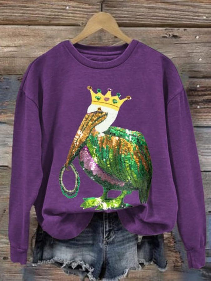 Retro Mardi Gras Pelican Crown And Beads Print Sweatshirt