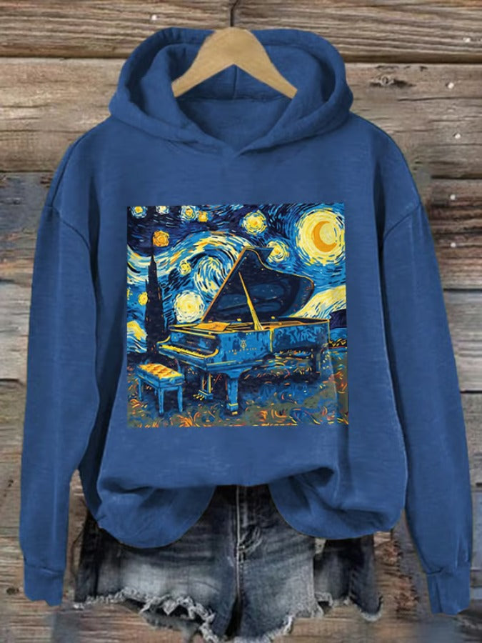 Retro Starry Night With A Musical Twist Print Hoodie