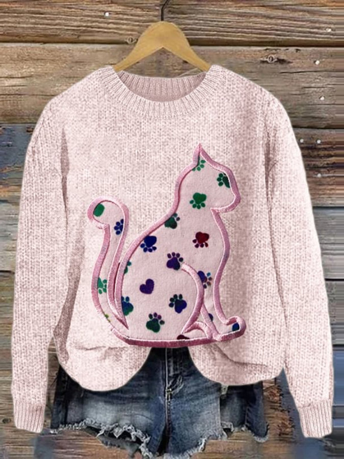 Cat's Paw Cat Patchwork Embroidery Art Crew Neck Cozy Sweater