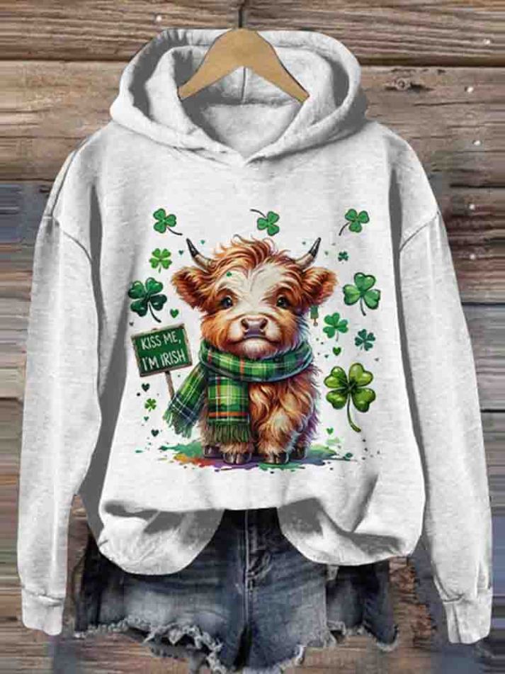 Women's St. Patricks Day Highland Cow Print Casual Hoodie