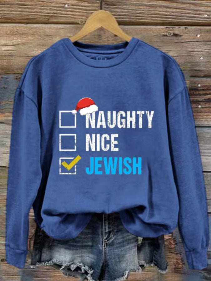 Women's Naughty Nice Jewish Hanukkah Printed Sweatshirt