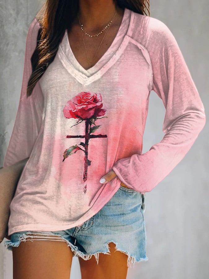 Women's Casual Rose Heart Cross Long Sleeve T-shirt