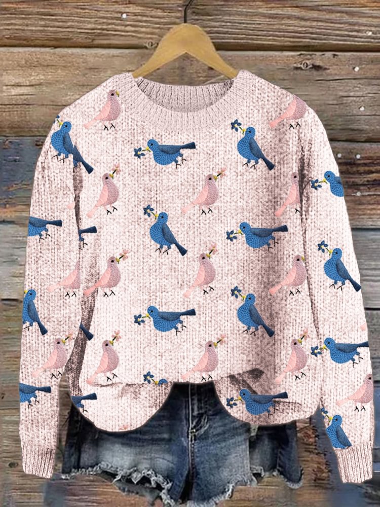 Bird & Flower Pattern Cozy Knit Sweater