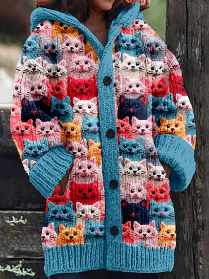 Colorful Spring Cats Pattern Cozy Hooded Cardigan