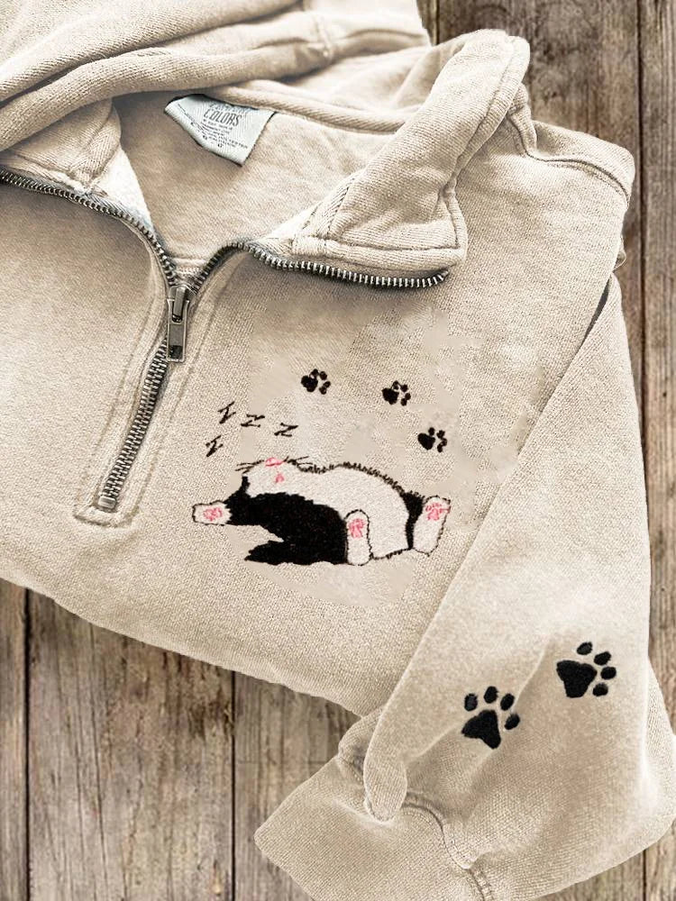 Women's Sleeping Cat Embroidered Zipper Sweatshirt