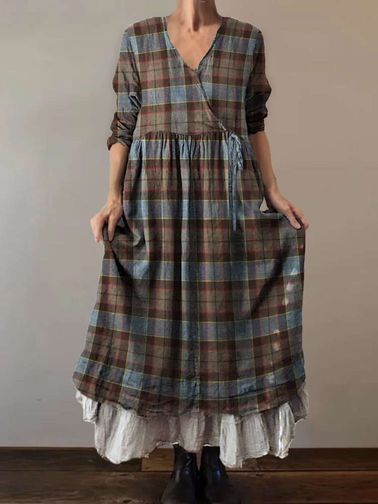 Vintage Scotland Plaid Wrap V Neck Maxi Dress