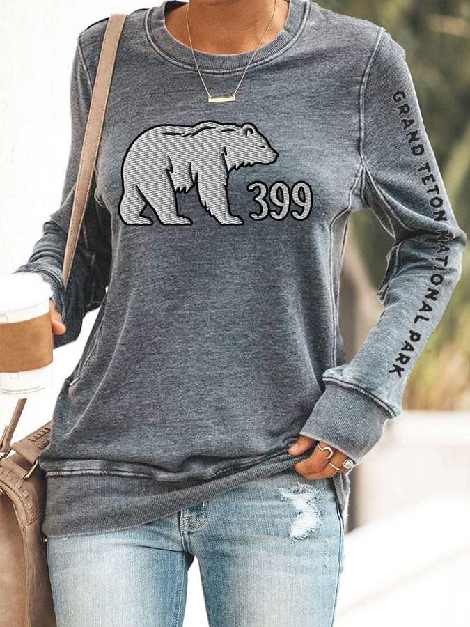 Women'S Retro Honoring Grizzly 399 Grand Teton National Park Printed Casual Sweatshirt