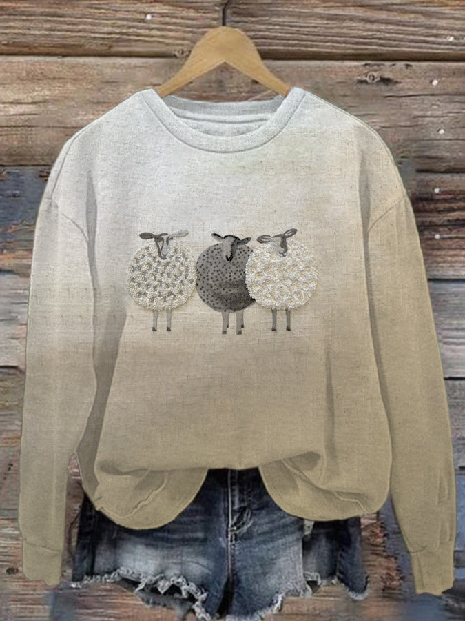 Langärmliges Sweatshirt mit Farm-Schaf-Aufdruck für Damen