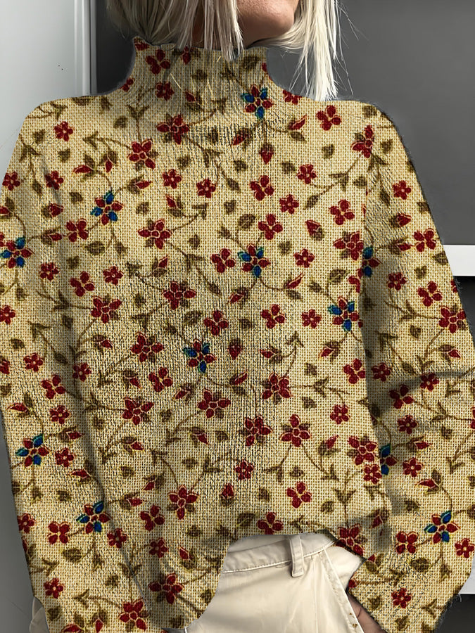 Damen-Rollkragenpullover mit Vintage-Blumen-Kunstdruck