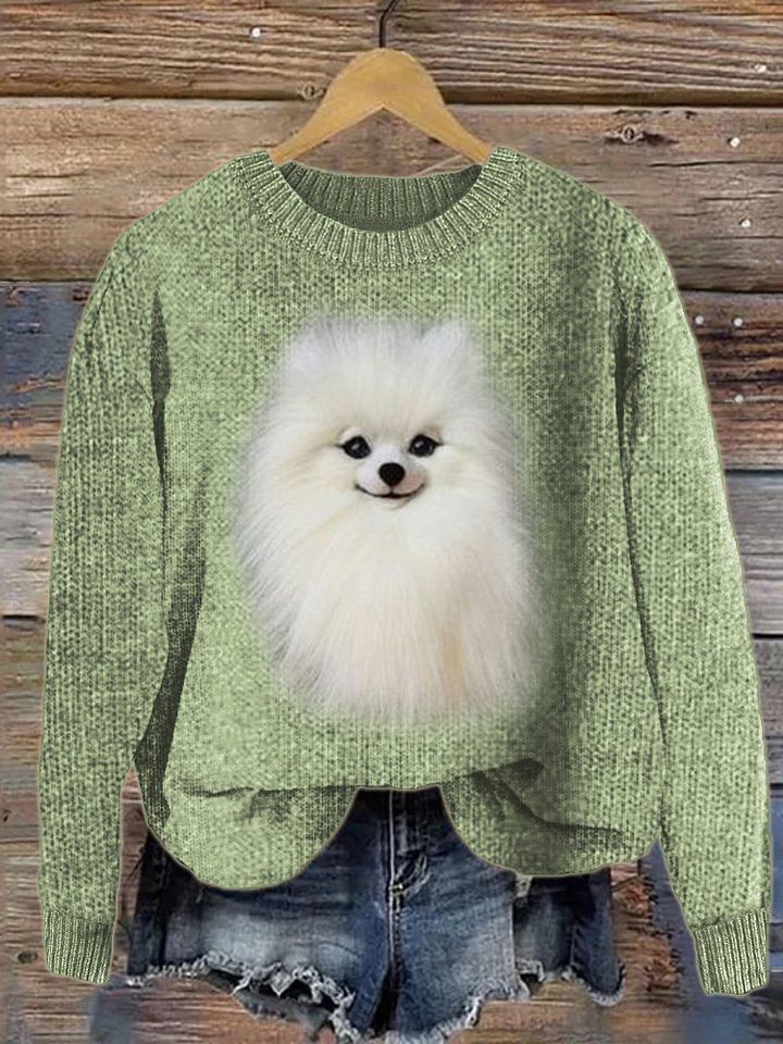 White Pom Dog Plush Cozy Knit Sweater