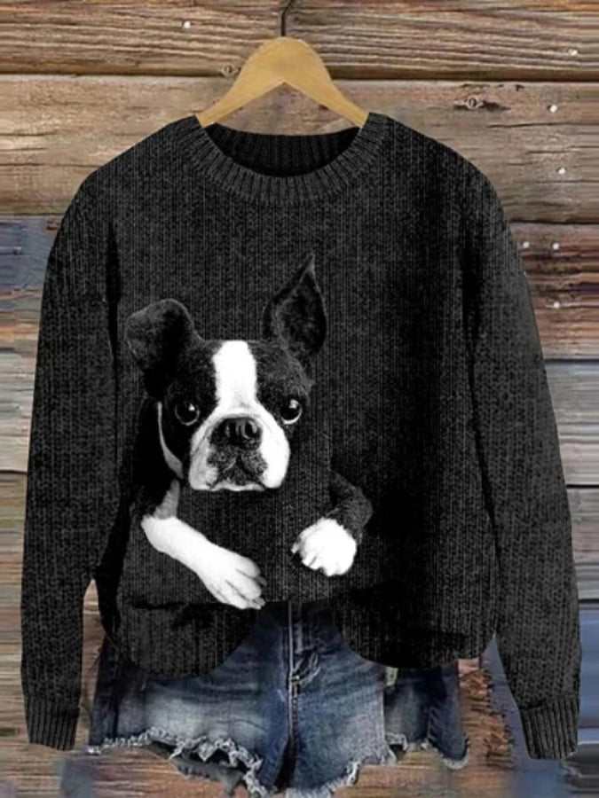 Cute Boston Terrier Lazy Puppy Applique Wool Felt Art Cozy Sweater