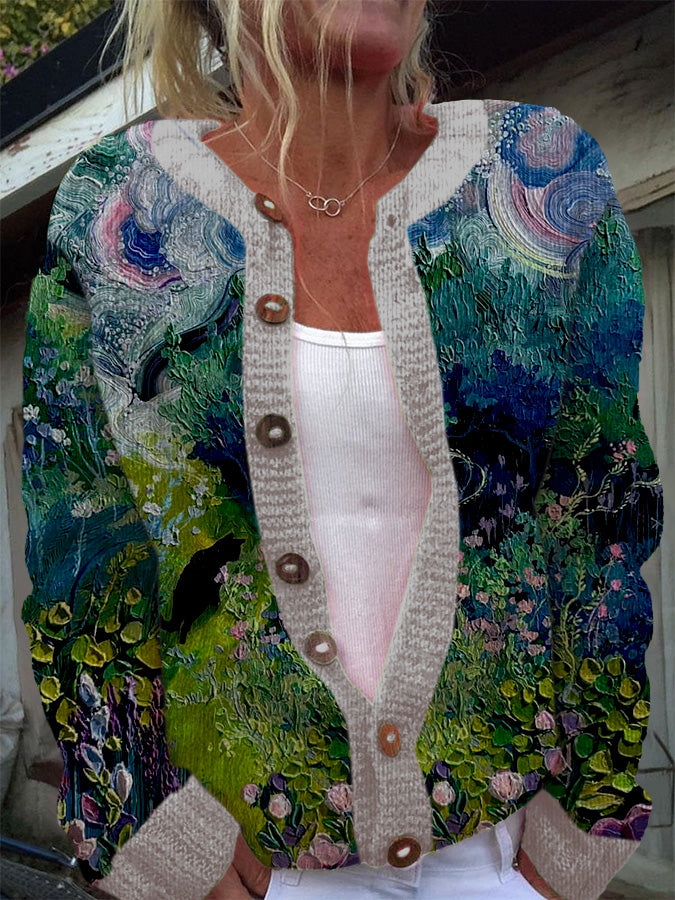 Women's Cat and Oil Painting Art Cozy Knit Cardigan