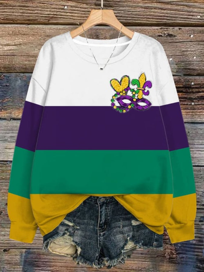 Women's Mardi Gras Printed Round Neck Sweatshirt