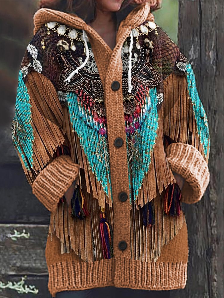 Western Fringe Print Knitted Hooded Cardigan