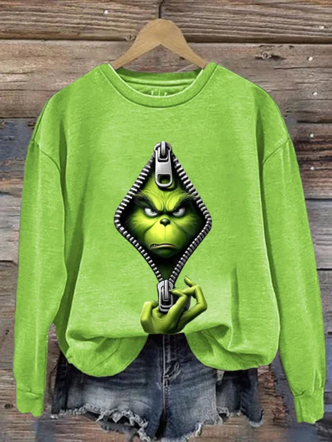 Women's Christmas Green Fur Monster Print Sweatshirt