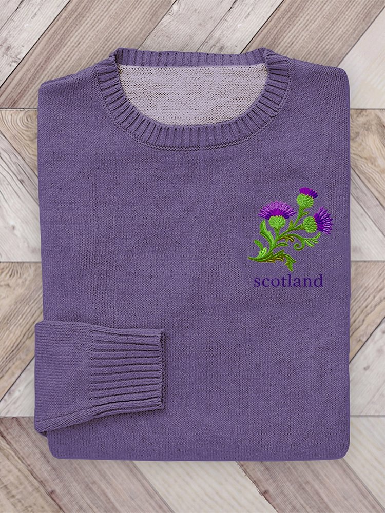 Scotland Thistle Embroidery Cozy Knit Sweater