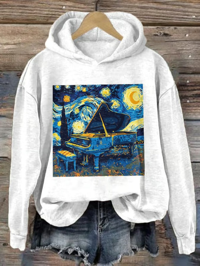 Retro Starry Night With A Musical Twist Print Hoodie