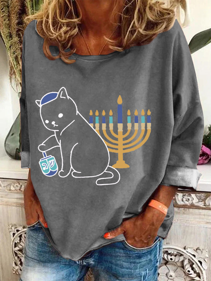 Women's Hanukkah Menorah And Cat Casual Long-Sleeve Top