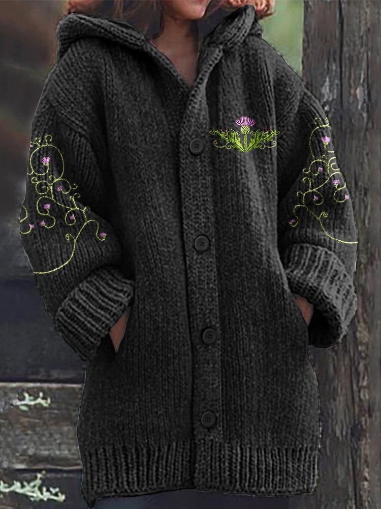 Vintage Scotland Thistle Embroidery Knit Hooded Sweater Cardigan