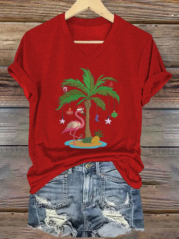 Women's Christmas Palm Tree Flamingo Embroidery Print T-Shirt