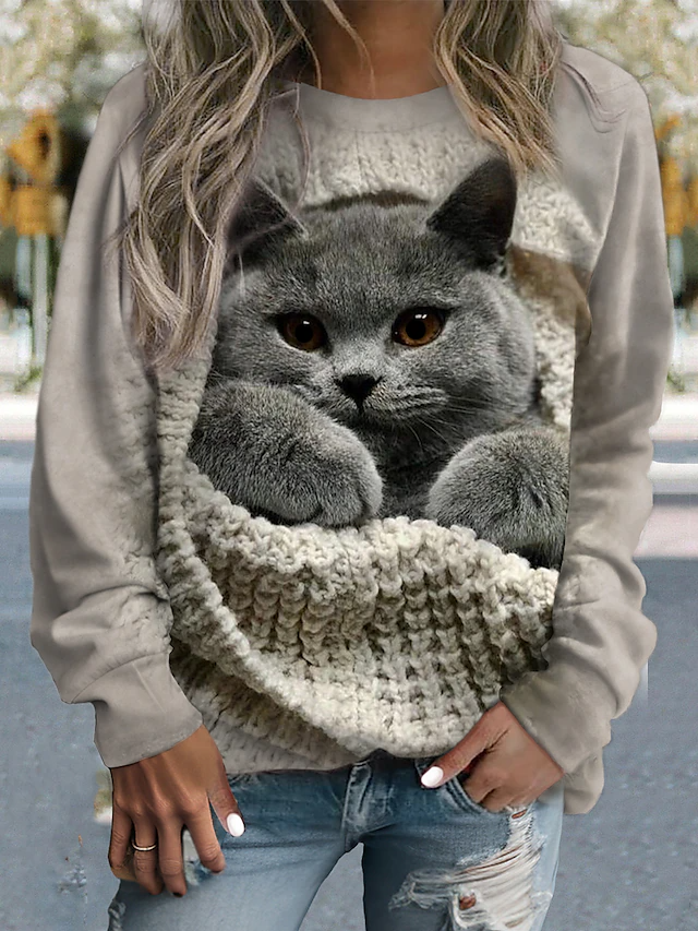 Women's Cat Print Casual Round Neck Sweatshirt