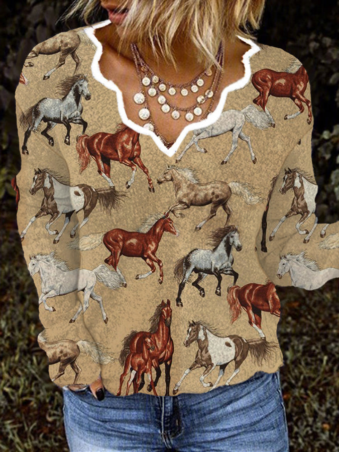 Women's Running Horses Print Casual Sweater