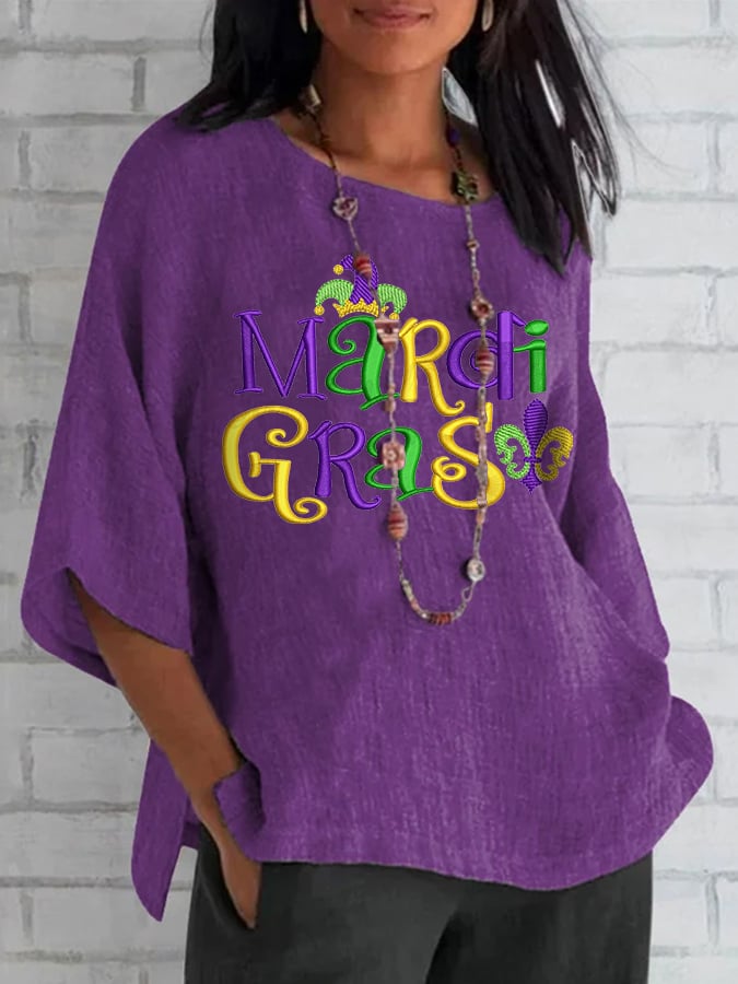 Women's Mardi Gras Print Round Neck Loose Casual Shirt