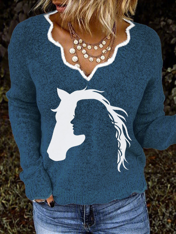 Women's Vintage Western Horse And The Girl Print Casual Sweater